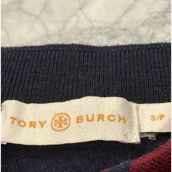Tory Burch Agate Lion Navy Red Stripe Asymmetrical Wool Blend Sweater Small - Picture 3 of 4